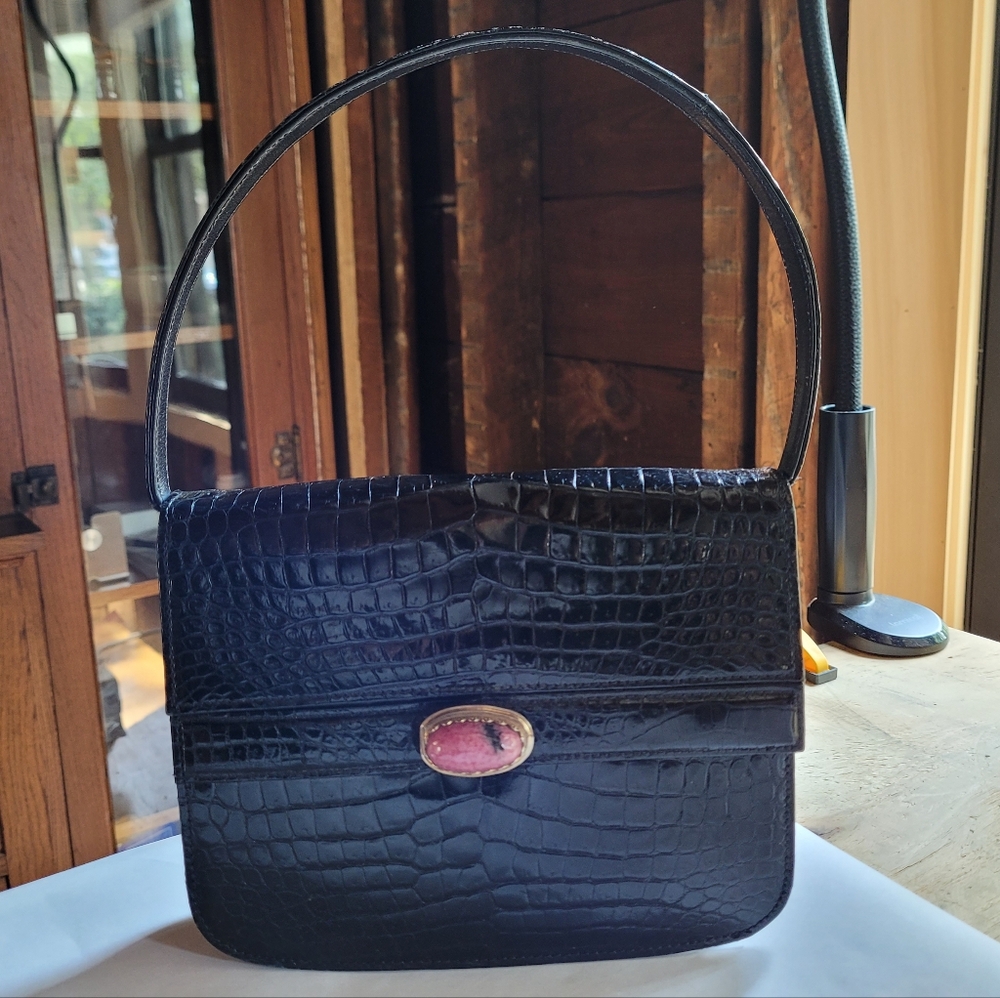 VTG Black Patent Leather Crocodile Cocktail Handbag